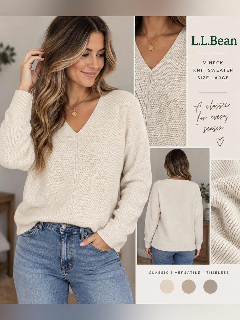 L.L.Bean Women’s Large Cream Ivory V-Neck Textured Knit Pullover Sweater